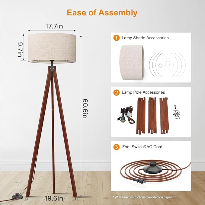 LEPOWER Tripod Floor Lamp Mid Century Modern Standing Lamps for Living Room | Light-Diffusing Linen Shade, Premium Rubberwood Tripod with E26 Base, Adding Warmth to Bedroom, Office & Study Corner Brown - Image 8