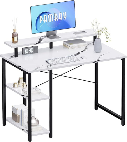 Pamray 33.5 Inch Small Computer Desk with Monitor Stand and Shelves | Sturdy, Space-Saving, Easy Assemblely, Suitable for Bedroom, Office, Apartment and Dorm, Used for Writing and Studying by PAMRAY