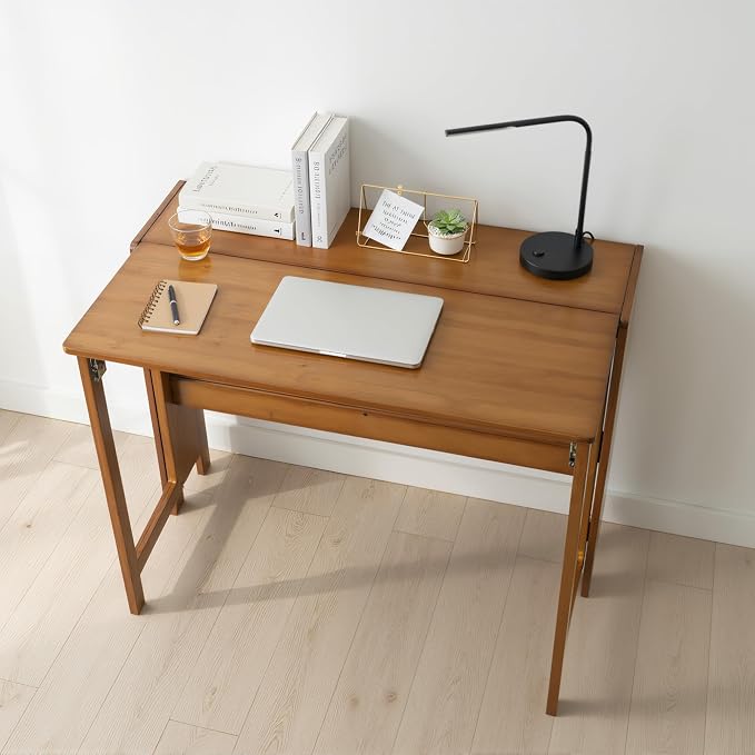 Wood Foldable Desk,Space Saving Foldable Table Bamboo Folding Desk Study Table with Bookshelf for Office Home Study Bedroom - Image 4