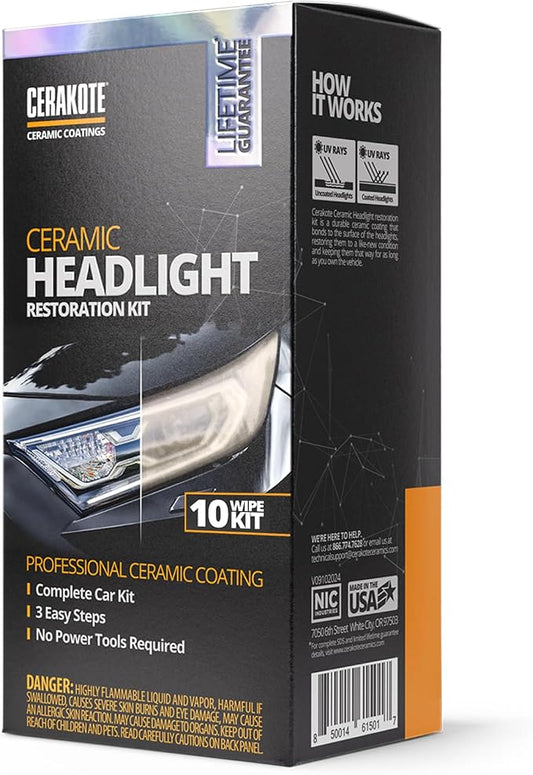 CERAKOTE® Ceramic Headlight Restoration Kit – Guaranteed To Last As Long As You Own Your Vehicle – Brings Headlights Back to Like New Condition - No Power Tools Required - 10 Wipe Kit by Cerakote