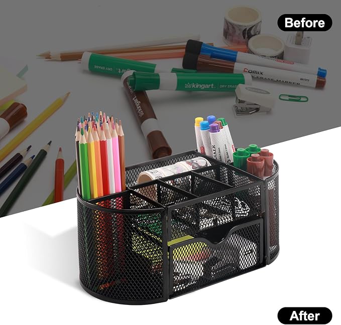 Comix Mesh Pen Pencil Holder Desk Organizer, 8 Compartment and 1 Drawer Wire Desktop Pen Pencil Cup Caddy Office Supplies Accessories for Home Office School, Black - Image 3