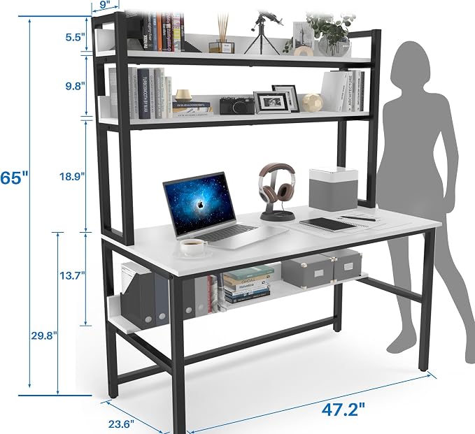 Aquzee Computer Desk with Shelves, 47" W x 23.6" D Gaming Desk with Hutch and Bookshelf, White Study Table for Bedroom Space Saving with 3 Tier Storage Shelf, Home Office Desk for Writing Work - Image 2