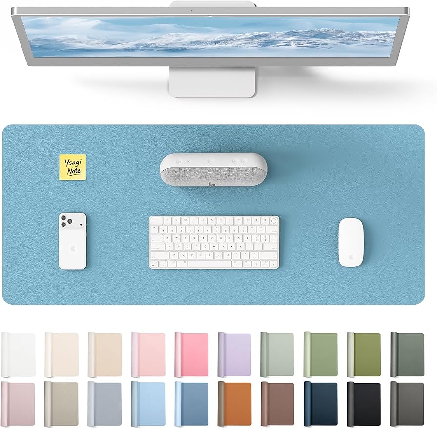 YSAGi Leather Desk Protector, Office Mat, Large Mouse Mat, Non-Slip PU Leather Blotter, Laptop Desk Pad, Waterproof Writing Pad for Office and Home (Sea Blue, 23.6" x 13.8") by YSAGi