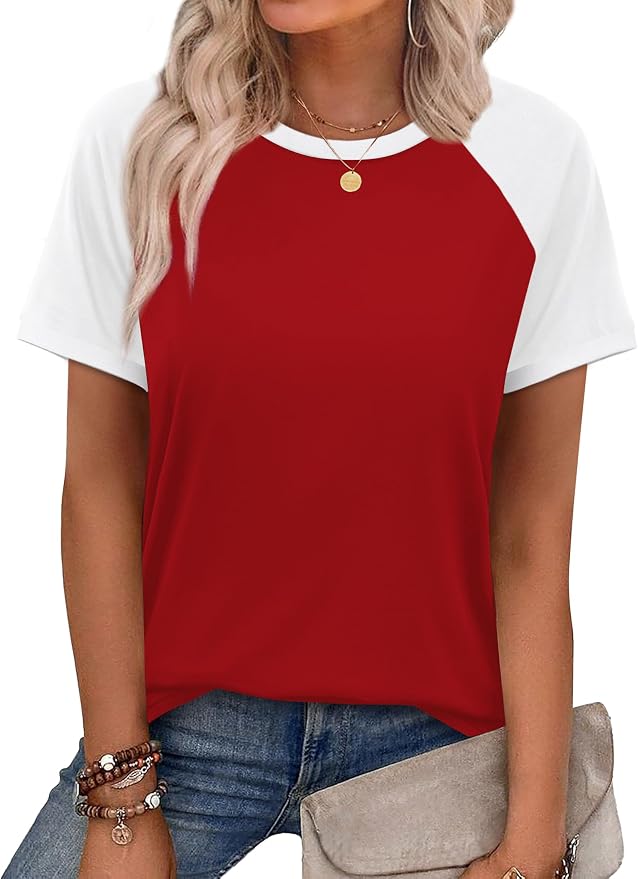 WIHOLL Womens Summer Tops Color Block Short Sleeve Raglan Shirts Spring Fashion Clothes Vacation Outfits - Image 2