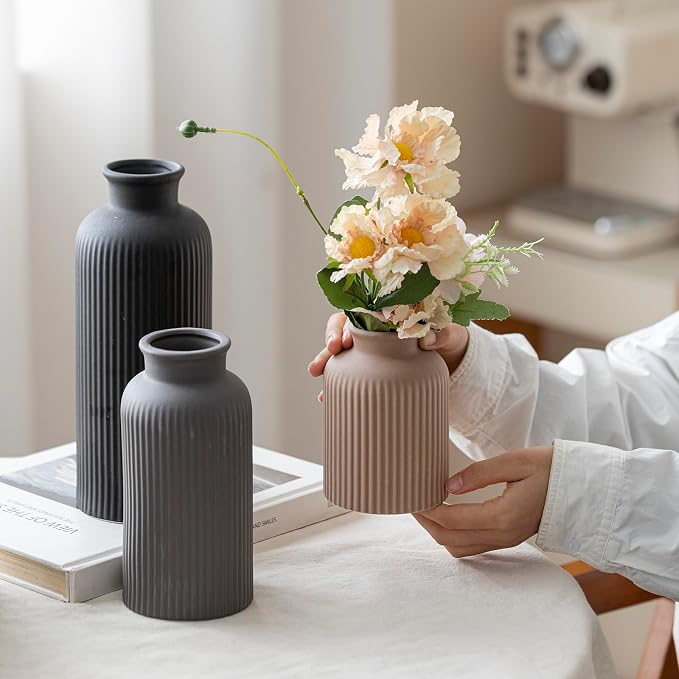 Large Modern Ceramic Vase Set, Black Ribbed Matte Finish, 3-Piece Decorative Vases for Home Living Room Office, 10 inch Tall, 4 inch Width (XL Black Mix) - Image 2