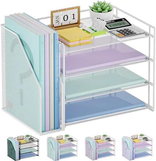 Marbrasse 4-Tier Paper Tray Organizer with File Holder, White | Sturdy Paper Tray, Built-in File Holder, fits Letters/Docs, Saves Desk Space, for School/Office/Home by Marbrasse