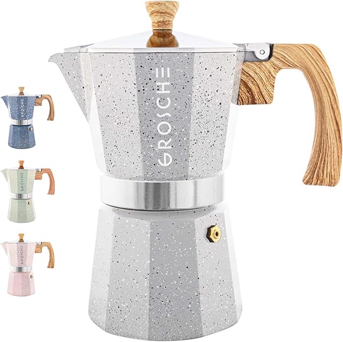 GROSCHE Milano Stovetop Espresso Maker Moka Pot 6 espresso Cup, 9.3 oz Grey | Cuban Coffee Maker And Italian Moka Pot For Stovetop Espresso; For Gas, Electric, And Propane Stoves With A Soft-Touch Handle by GROSCHE