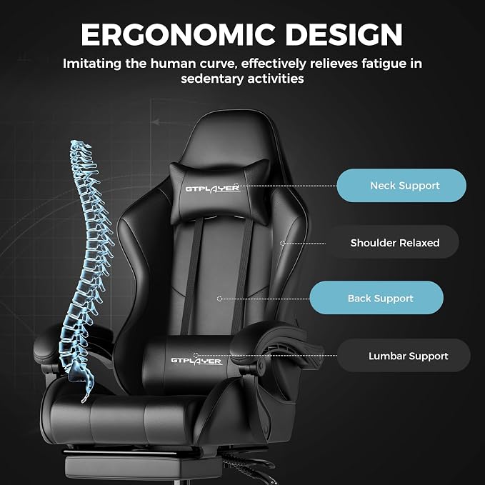 GTPLAYER Gaming Chair, Computer Chair with Footrest and Lumbar Support, Height Adjustable Game Chair with 360°-Swivel Seat and Headrest and for Office or Gaming (Faux Leather, Black) - Image 6