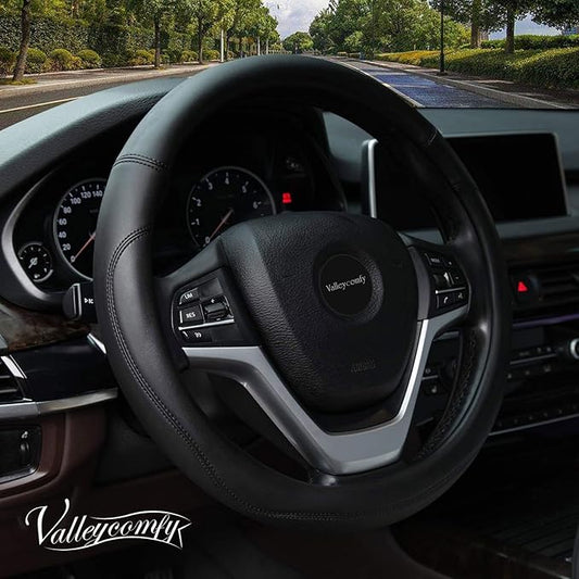 Valleycomfy Microfiber Leather Steering Wheel Cover Large-Size for F150 F250 F350 Ram 4Runner Tacoma Tundra Range Rover Model S X with 15 1/2 inches-16 inches Outer Diameter (Black) by Valleycomfy