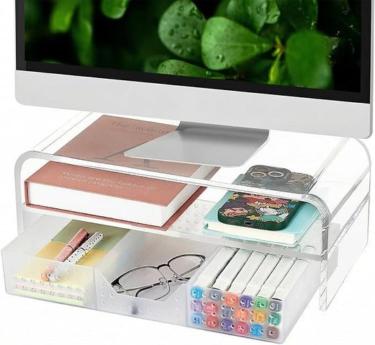 OPNICE Acrylic Clear Desk Organizers and Accessories, 2-Tier Computer Monitor Stand Riser with Drawer, Laptop Stand, Office Desk Accessories for Office Supplies, Transparent by OPNICE