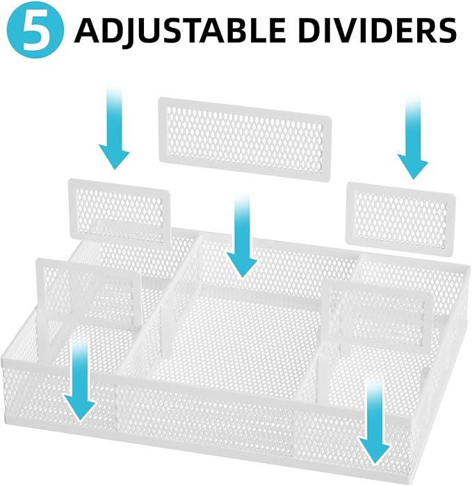 Marbrasse 2 Pack Desk Drawer Organizer, Mesh Drawer Organizer Tray with 8 Adjustable Compartments, Desk Organizers and Accessories, 5 Dividers for Office Supplies, Makeup & Vanity (White) - Image 2
