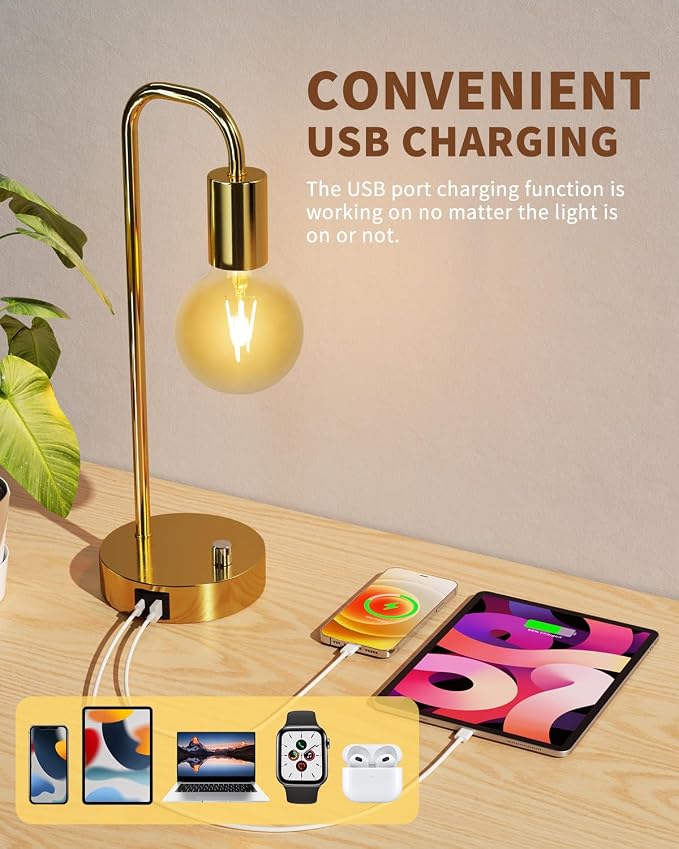 ONEWISH Industrial Table Lamp with 2 USB Port, Stepless Dimmable Nightstand Bedside Lamps for Bedroom,Desk Lamps with 2700K Gold Gradient Bulb for Reading Living Room - Image 2