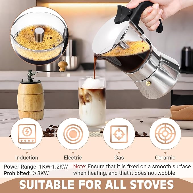 6 Cup 300ml Glass Moka Pot, Stovetop Espresso Maker, Silver | Crystal Glass-top & Stainless Steel Coffee Maker, Induction Compatible, for Greca de Cafe, Cuban and Italian Coffee Brewing - Image 4