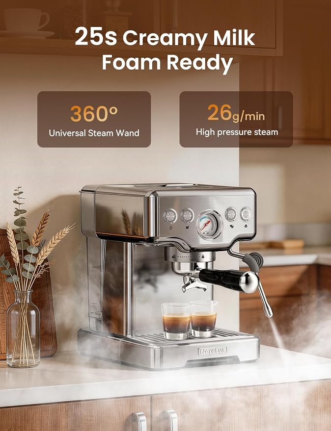 Neretva Espresso Machine, 15 Bar Espresso Coffee Machine with Visible Pressure Guage Professional Espresso Maker with Milk Frother & Stainless Steel for Home Barista Latte and Cappuccino Maker-Silver - Image 6