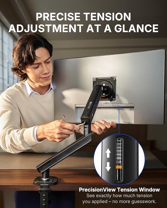 HUANUO FlowLift™ Pro Monitor Arm for 13–32" Screens, MechaSpring Monitor Mount, Fully-Adjustable Monitor Stand with Tilt/Swivel/Rotation, Tool-Free VESA Mount, C-Clamp/Grommet Base, Max Load 19.8 lbs - Image 5
