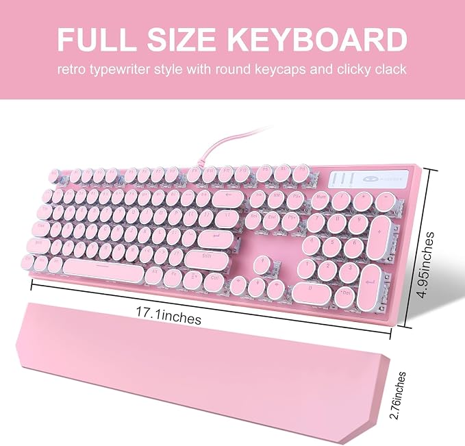 Camiysn Typewriter Style Mechanical Gaming Keyboard, Pink Retro Punk Gaming Keyboard with White Backlit, 104 Keys Blue Switch Wired Cute Keyboards, Round Keycaps for Windows/Mac/PC - Image 7
