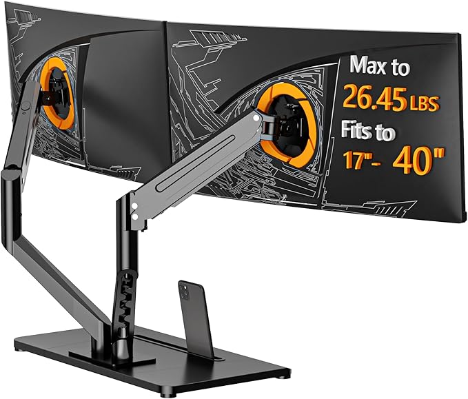 Bracwiser Dual Monitor Stand Free Standing Desk Mount, Premium Dual Monitor Arm Fits Two Screens up to 40 inch 26.45 lbs Fully Adjustable Arms with Heavy-Duty Wooden Base, Max VESA 100x100mm (MLXSPC) by Bracwiser