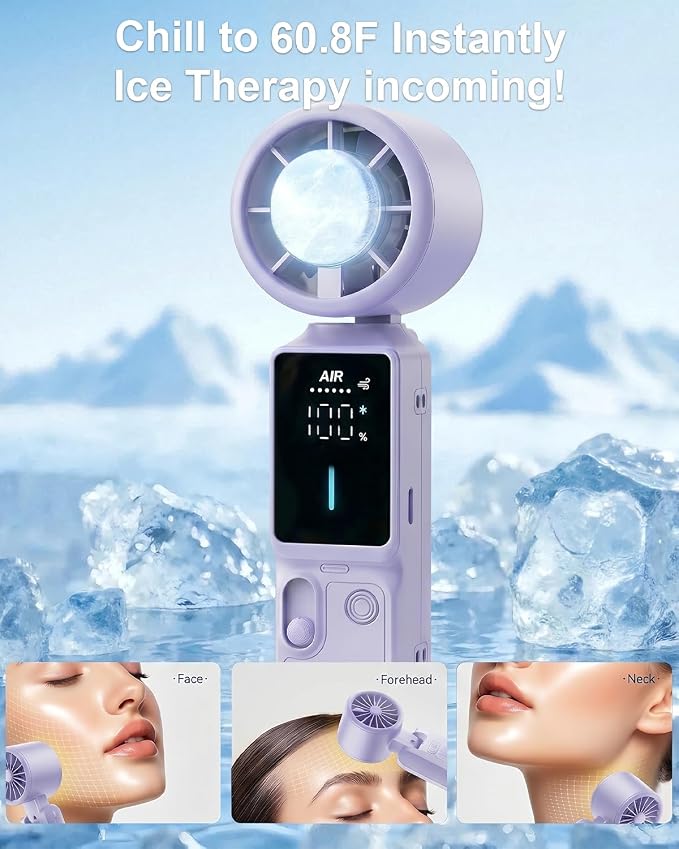 Portable Turbo Fan with Ice Cooling, 7.4m/s High Speed Handheld & Neck Fan, 180° Foldable 4-in-1, Carabiner Clip, 100 Speeds Stepless Control, USB-C Rechargeable, for Travel Makeup Hot Flashes - Image 4