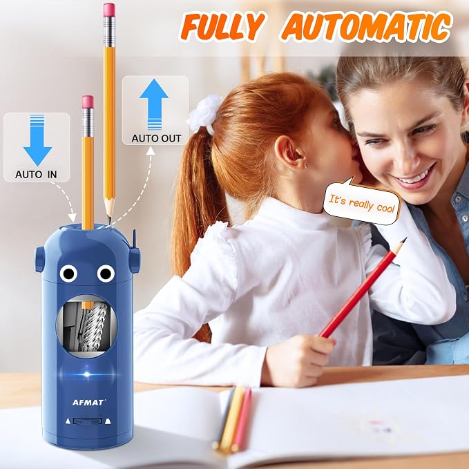 AFMAT Electric Pencil Sharpener for Colored Pencils 7-11.5mm, Fully Automatic Robot Pencil Sharpener, Auto in & Out, Rechargeable Hands-Free for Classroom/Home/Office, Battery Operated, PSX5RB, Blue - Image 2