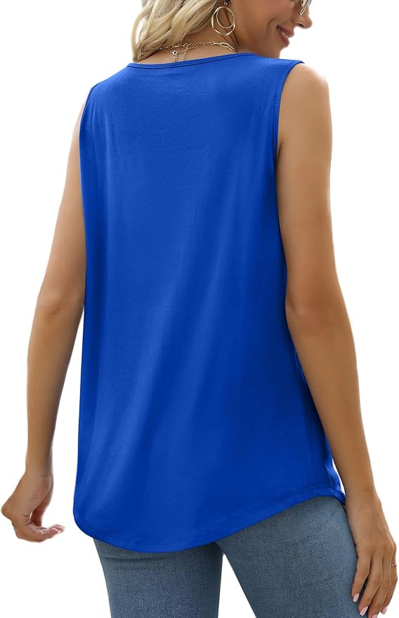 Saloogoe Summer Tank Tops for Women Loose Fit Pleated Square Neck Sleeveless Tops Curved Hem Flowy - Image 4