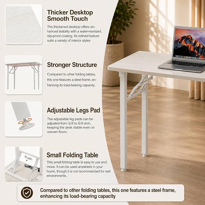 Folding Table Computer Desk - 35.8" No Assembly Folding Desk Design and Foldable Office Desk, Small Desk for Bedroom, Compact Storage Portable Use for Dorm and RV Small Space, White Ash - Image 6