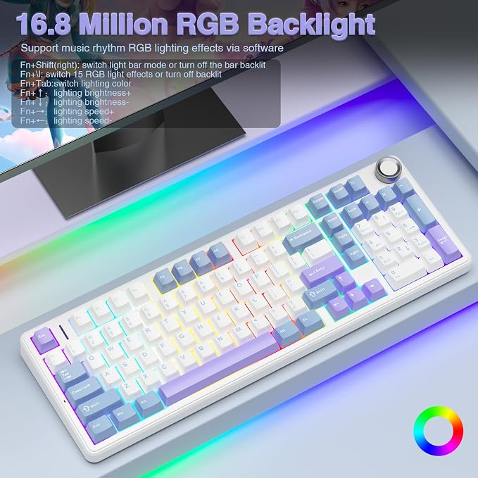 AULA F99 Pro Wireless Mechanical Keyboard with Knob,Creamy Sound,Tri-Mode BT5.0/USB-C/2.4GHz Hot Swappable Keyboard,Gasket Structure,RGB Backlit Computer Gaming Keyboards - Image 4