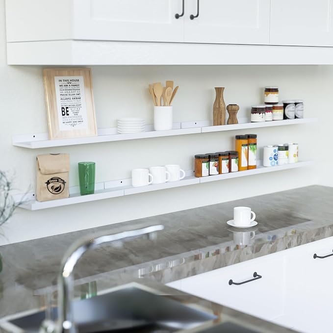 RICHER HOUSE 8 Set Floating Wall Mounted Shelves, Nursery Hanging Book Shelves with Lip for Storage, White Display Picture Ledge Shelf for Bedroom Bathroom Kitchen Living Room Wall Decor, Modern White | Display Picture Ledge Shelf, Anti-drop lip Shelf ... - Image 4
