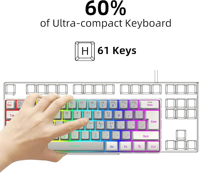 Snpurdiri 60% Wired Gaming Keyboard, 61 Keys RGB (White-Grey) | Small Ultra-Compact Backlit 60 Percent Gaming Keyboard for PC/Mac Gamer, Typist, Travel, Easy to Carry on Business Trip - Image 3
