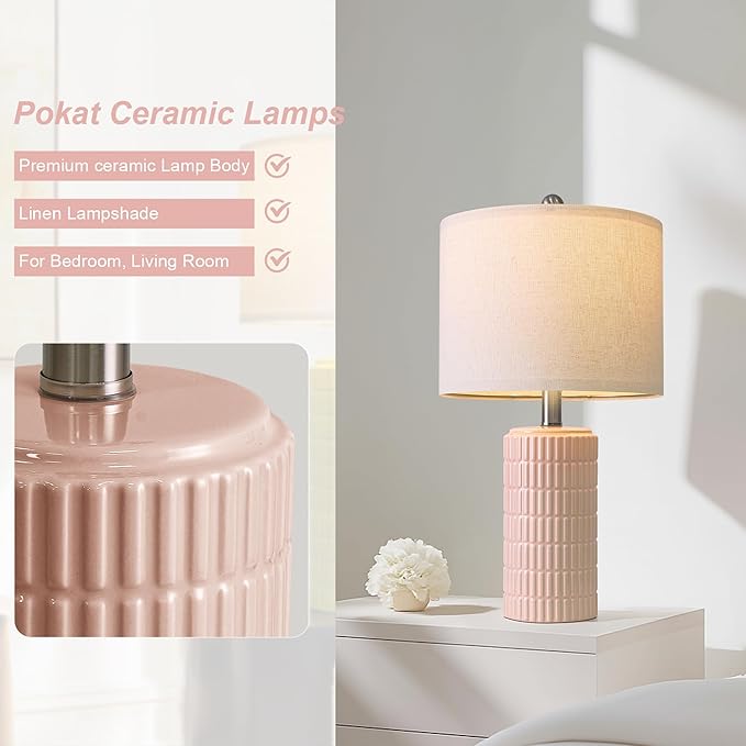 PoKat 20.75" Pink Ceramic Table Lamps Set of 2, Small Modern Bedroom Lamps for Girls Room, Bedside Lamps for Night Stands, Cute Lamps for Living Room Decor, Nightstands Desk Lamp, Light Pink - Image 6