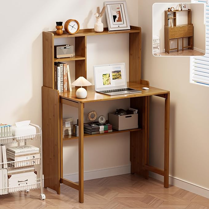Folding Desk for Small Spaces, Bamboo Foldable Desk with Bookshelf, Brown | Small Computer Desk with Storage, Mid Century, Fold Out，Compact Size, for Bedroom, Living Room, Apartment, Home Office by Unknown