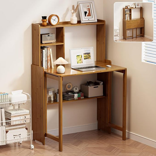 Folding Desk for Small Spaces, Bamboo Foldable Desk with Bookshelf, Brown | Small Computer Desk with Storage, Mid Century, Fold Out，Compact Size, for Bedroom, Living Room, Apartment, Home Office by Unknown