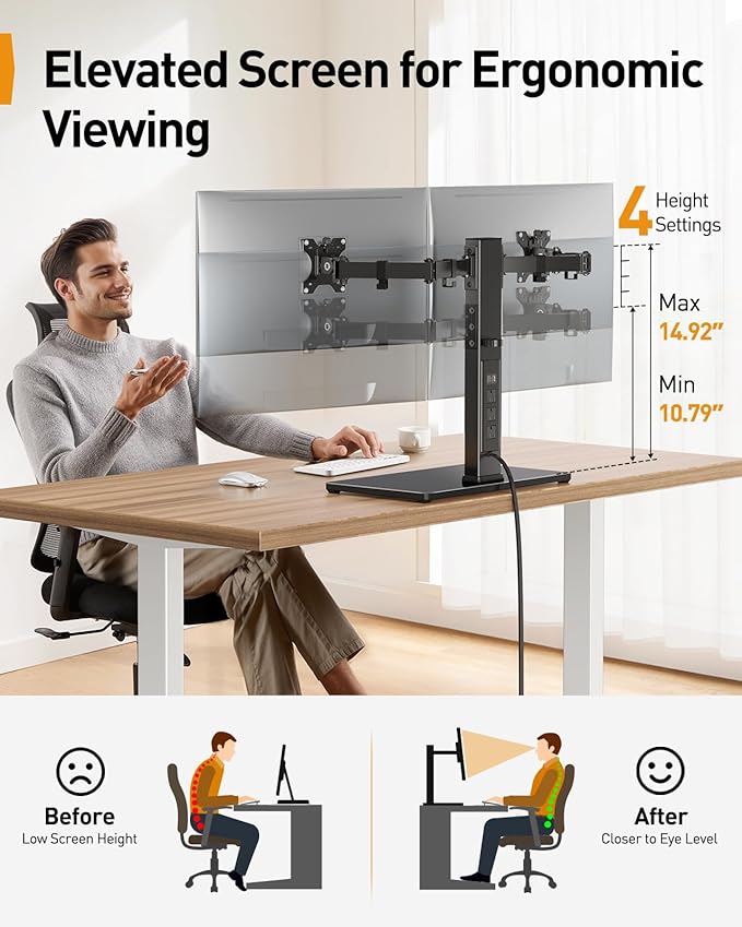 Perlegear Dual Monitor Stand with Power Strip, Freestanding Computer Monitor Stand for 2 Screens up to 32 Inch, Monitor Stand Riser with Glass Base and Adjustable Arms, Holds 22 lbs per Arm, PGTVS41B - Image 4