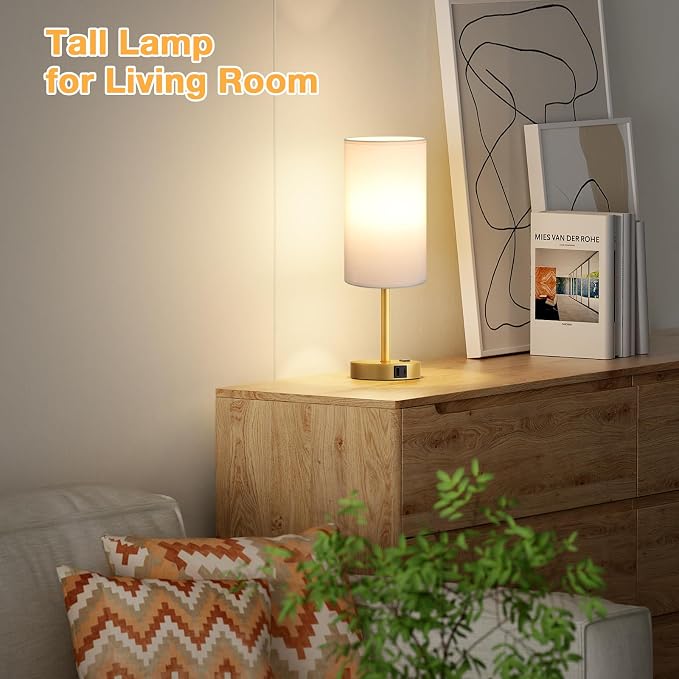 Dicoool 17.4" Bedside Lamp for Bedroom - Dimmable Touch, USB A+C, AC Outlet | LED Bulb Included, 3-Way Dimmable, 17.4" Table Lamp for Living Room, Dorm, White Fabric Lampshade, Gold Metal Base - Image 6