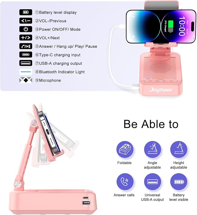 Gifts for Women Girls, Phone Stand with Bluetooth Speaker and Charging Function 360° Rotable Angle Adjustable Cell Phone Holder with HD Stereo Sound Fits All Phones,Tablet (Pink) - Image 4