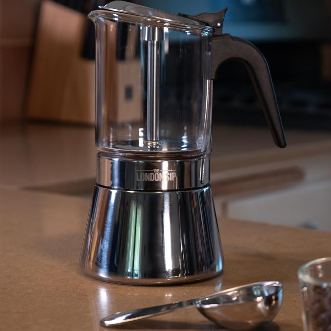 The London Sip Glass and Stainless Steel Stovetop Espresso Maker, Moka Pot Italian Coffee Percolator, Large (15.2 oz) - Image 5