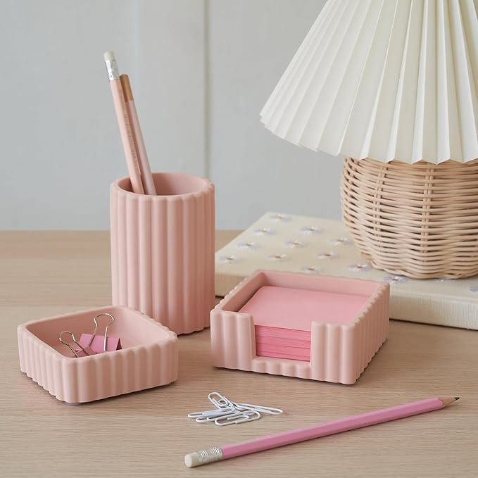 Aesthetic Desk Organizer Set of 3 For Your Office - Sturdy Concrete Desktop Accessories For Women Enhance Any Office Decor - Set incl. Pen Holder, Paperclip Storage & Sticky Note Holder for Teacher - Image 5