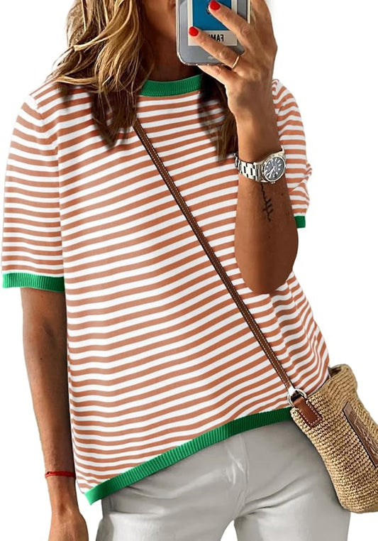 Dokotoo Womens Tops 2026 Casual Summer Crewneck Short Sleeve Striped Color Block Knit High Low Trendy Pullover Sweaters by Dokotoo