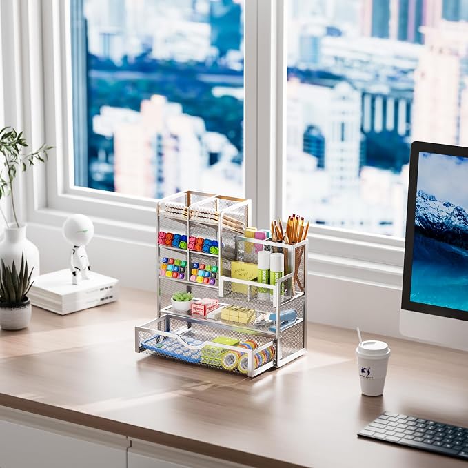 Marbrasse Mesh Pen Holder for Desk, Pen Organizer with Drawer, Multi-Functional Pencil Organizer, Desk Organizers and Accessories for Office Art Supplies (Silver) - Image 5