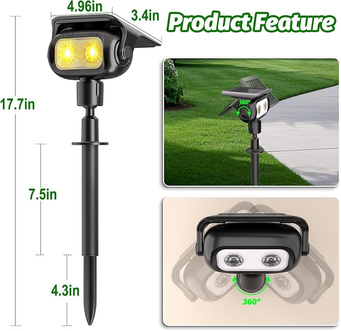 Nreonrick Solar Spot Lights 360° Adjustable Solar Lights Outdoor IP65 Waterproof with 2-in-1 Solar Powered Spotlights for Landscape Lighting for Garden (Warm) - Image 2
