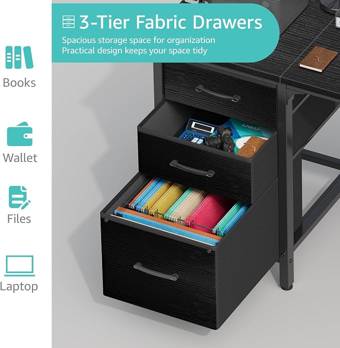 Lufeiya Computer Desk with Fabric File Drawers Cabinet, 55 Inch Reversible Home Office Desks with Filing Cabinet, Study Writing Table PC Desks with Storage for Bedroom, Black - Image 5
