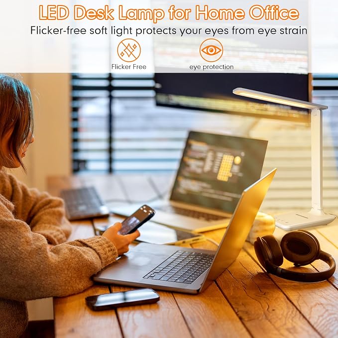 White crown LED Desk Lamp with 15W Wireless Charger & USB Port, Dimmable Table Lamp with 5 Lighting Modes, Sensitive Touch Control, Foldable & Portable Desk Light for Home, Office, Bedroom, Reading - Image 3