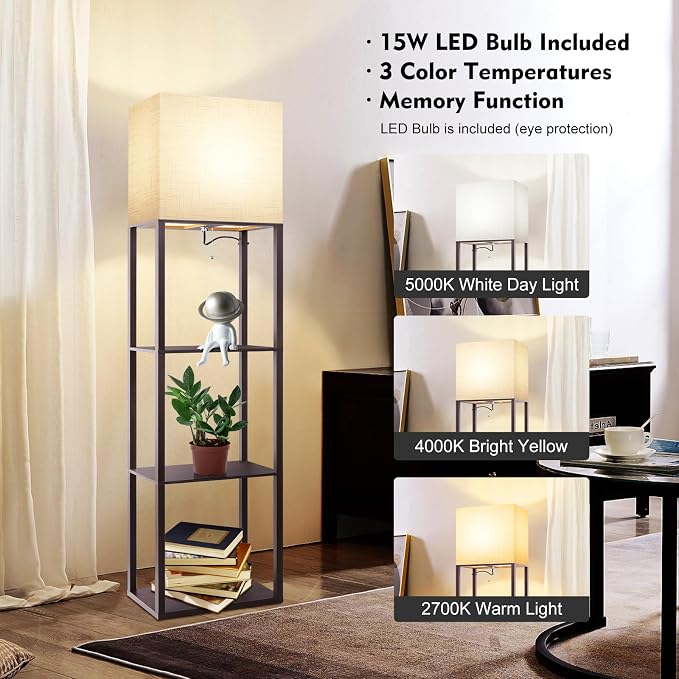 RUNTOP Plus - Floor Lamp with Shelves, Wide Shelf Lamp, Shelf Floor Lamp with 15W LED Bulb, 3 Colors Temperature, Memory Function, Large Display Storage, Standing Lamps for Living Room, Bedroom, Wood - Image 3