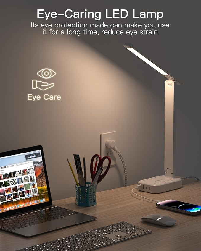 One Beat Small LED Desk Lamp Power Strip 5ft Extension Cord with 3 Outlets 4 USB Ports(2 USB C), 4 Modes, 5 Level Touch Lamp Study Reading Light, Home Office Bedroom College Dorm Room Essentials,White | One Beat 4 Modes 5 Level Brightness Touch Lamp, S... - Image 7