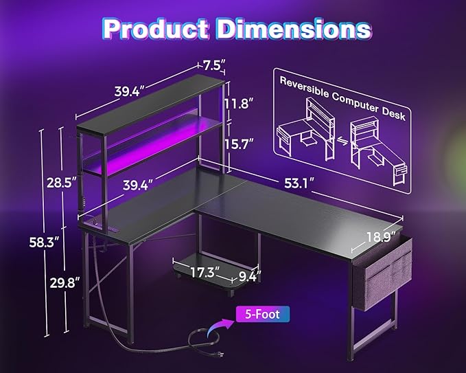 AODK L Shaped Desk Gaming Desk with LED Light & Power Outlet | 53 Inch Black Reversible L Shaped Computer Table with Shelf & Storage Bag & Hook for Home Office - Image 3