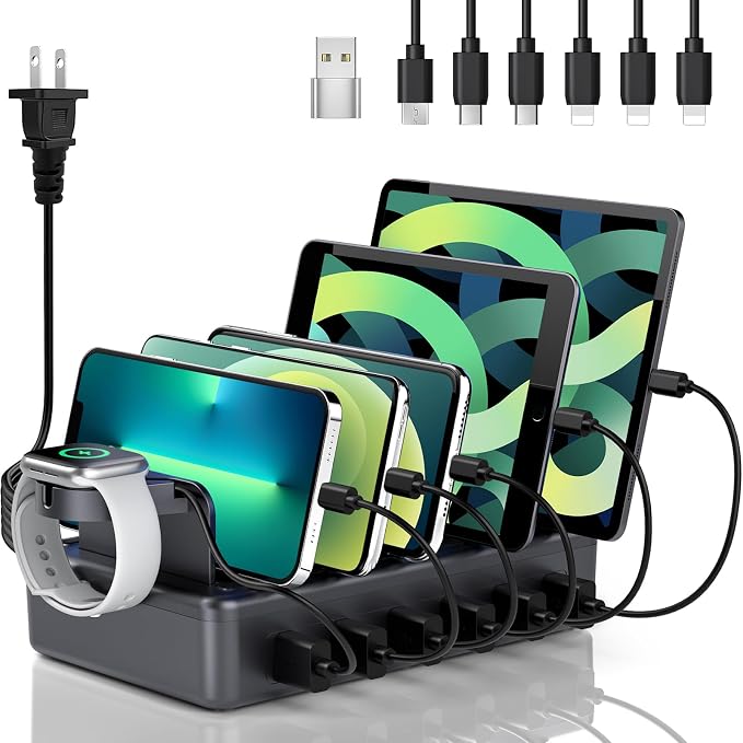 Charging Station for Multiple Devices, 6 in 1 Charger Station Multiple Charging Station for Cellphone Tablet iPhone iPad and More-50W Charging Dock with Mixed Charging Cables by Honcila