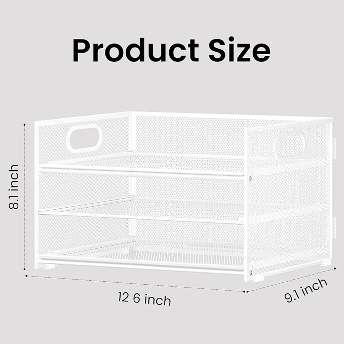 Subekyu 2-Pack 3-Tier White Metal Mesh Desk Paper Letter Tray & File Sorter Organizer with Handle + 1 Sliding Tray for Desk, Home, Office, School Supplies, A4 Paper and Accessories Storage - Image 4