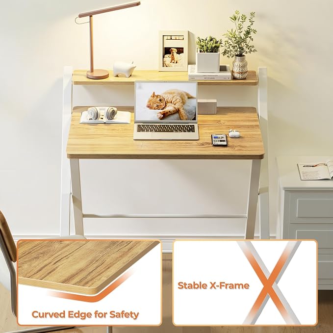 GreenForest Folding Desk No Assembly, Sturdy Computer Desk for Small Spaces | Portable Foldable Table for Laptop, 2-Tier Compact with Shelf, Space Saving for Home Office, Dorm, Apartment, 27.3"x 22" Oak - Image 6