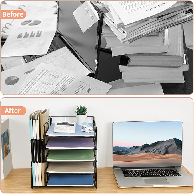 LEKETREE Desk Organizers and Accessories, 5-Tier Paper Letter Tray Organizer with File Holder, Desktop Organizer for Office Supplies (Black) - Image 2