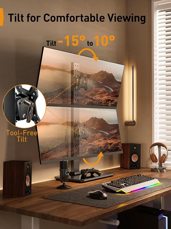 Perlegear Dual Vertical Monitor Stand for 13–40 inch Screens up to 44 lbs | Heavy-duty steel, swivel, tool-free tilt, 360° rotation, 13 height settings, cable management, max VESA 100x100mm, office use - Image 3