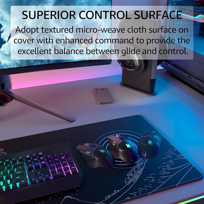 KTRIO Large Gaming Mouse Pad, Desk Mat, 31.5 x 11.8 in, Kanagawa Wave, XL | Smooth Micro-Weave Surface, Artistic Pattern Design, Non-Slip Rubber Base, Durable Stitched Edges, Office & Home Use - Image 2